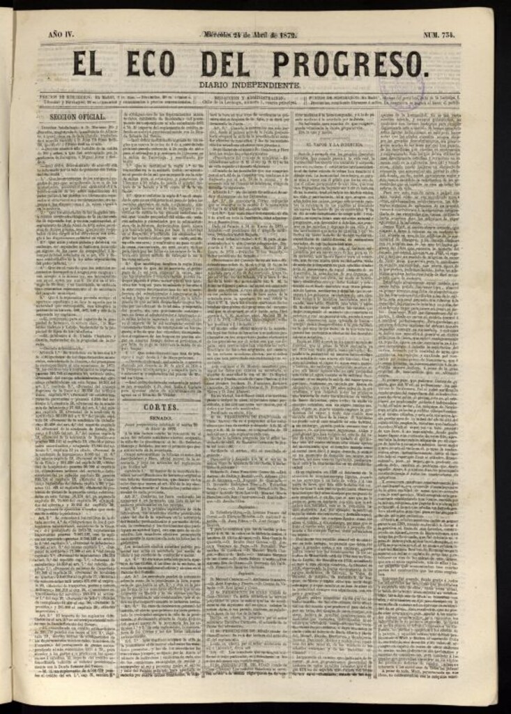 Miniatura de El Eco del Progreso : diario independiente. 24 de abril de 1872, nº 734