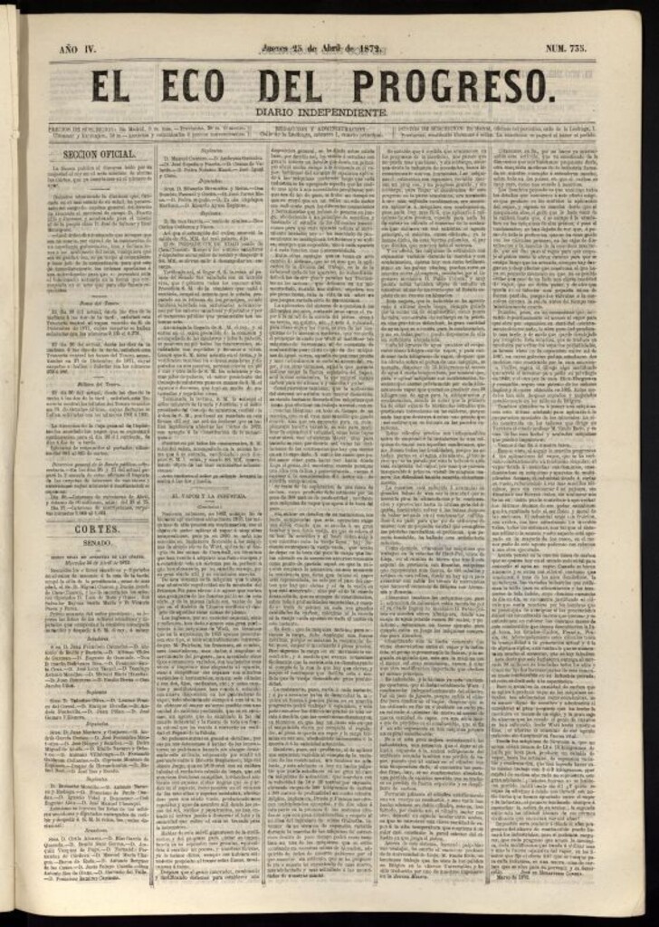 Miniatura de El Eco del Progreso : diario independiente. 25 de abril de 1872, nº 735