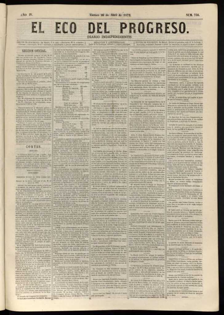 Miniatura de El Eco del Progreso : diario independiente. 26 de abril de 1872, nº 736