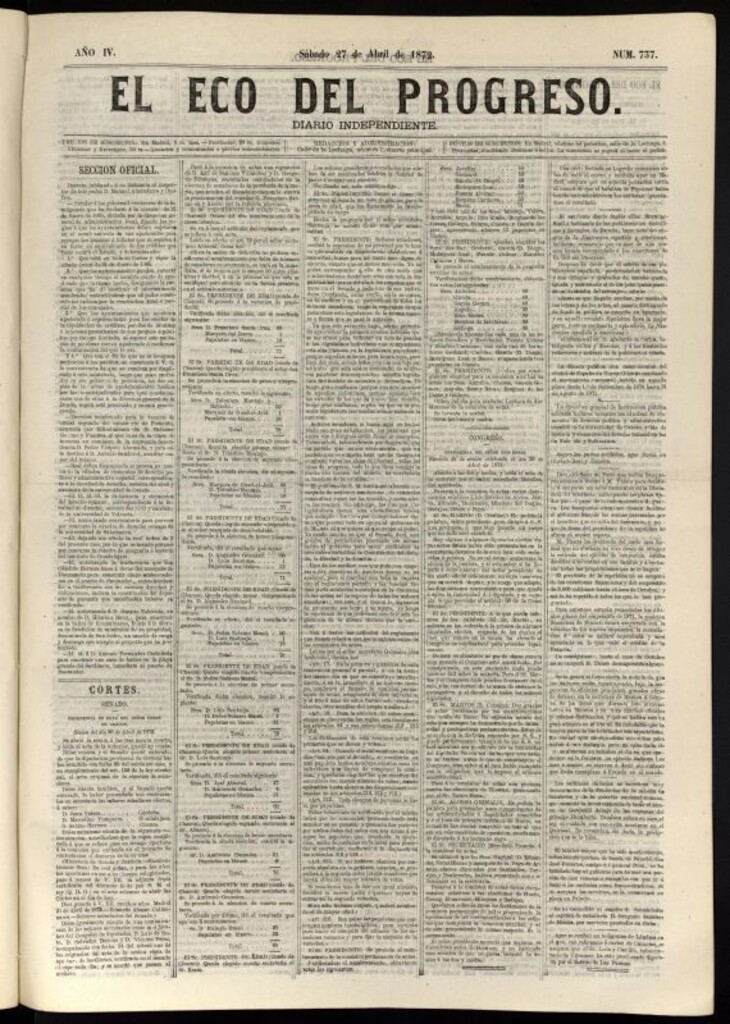 Miniatura de El Eco del Progreso : diario independiente. 27 de abril de 1872, nº 737