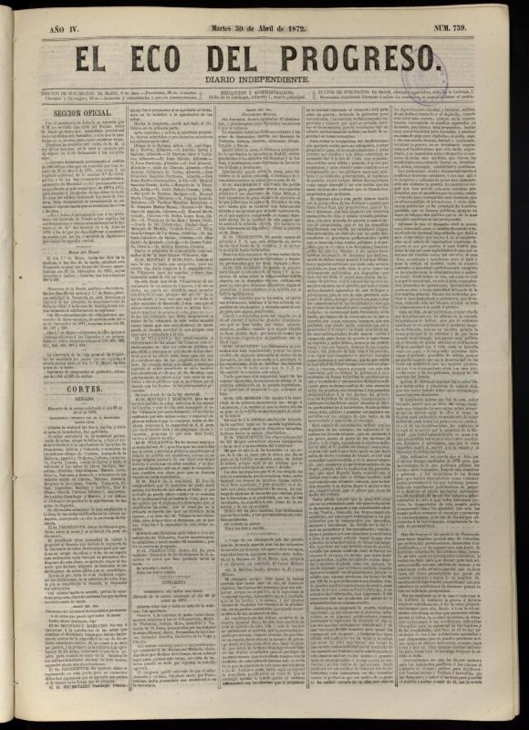 Miniatura de El Eco del Progreso : diario independiente. 30 de abril de 1872, nº 739