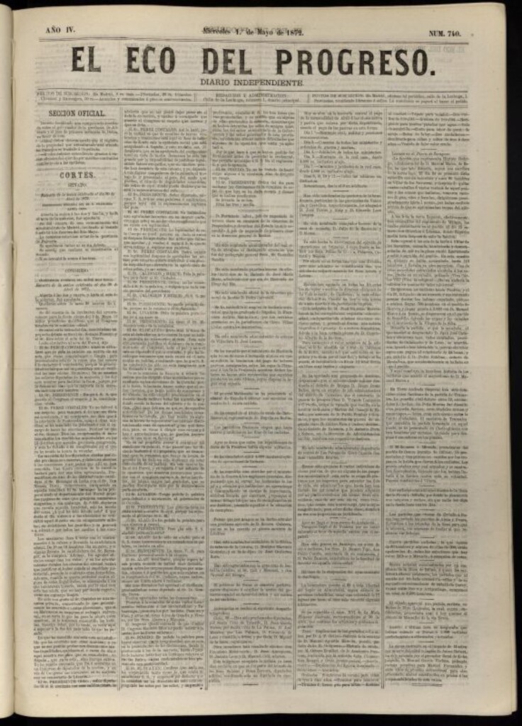 Miniatura de El Eco del Progreso : diario independiente. 1 de mayo de 1872, nº 740