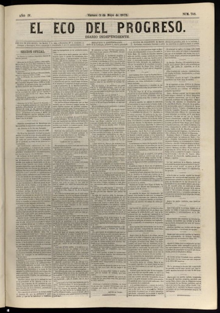 Miniatura de El Eco del Progreso : diario independiente. 3 de mayo de 1872, nº 742