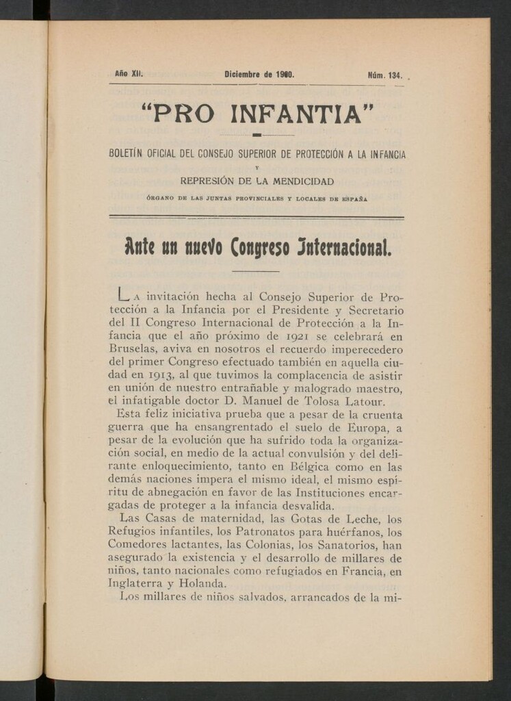 Miniatura de Pro Infantia : boletín del Consejo Superior de Protección a la Infancia y Represión de la Mendicidad. Nº 134