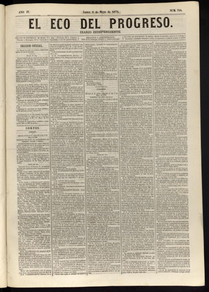 Miniatura de El Eco del Progreso : diario independiente. 6 de mayo de 1872, nº 744