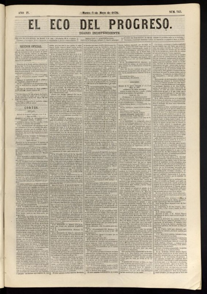Miniatura de El Eco del Progreso : diario independiente. 7 de mayo de 1872, nº 745