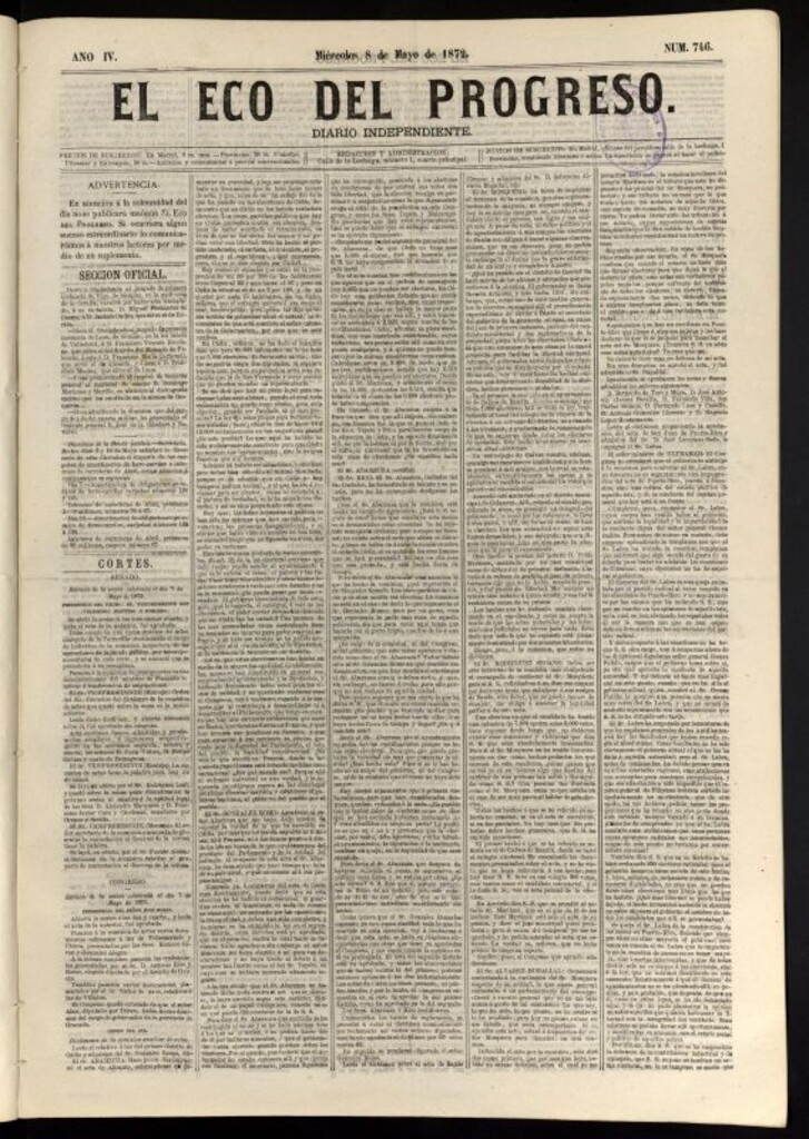 Miniatura de El Eco del Progreso : diario independiente. 8 de mayo de 1872, nº 746