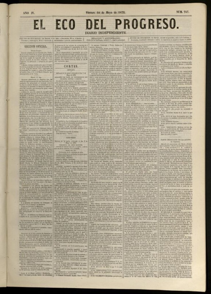 Miniatura de El Eco del Progreso : diario independiente. 10 de mayo de 1872, nº 747