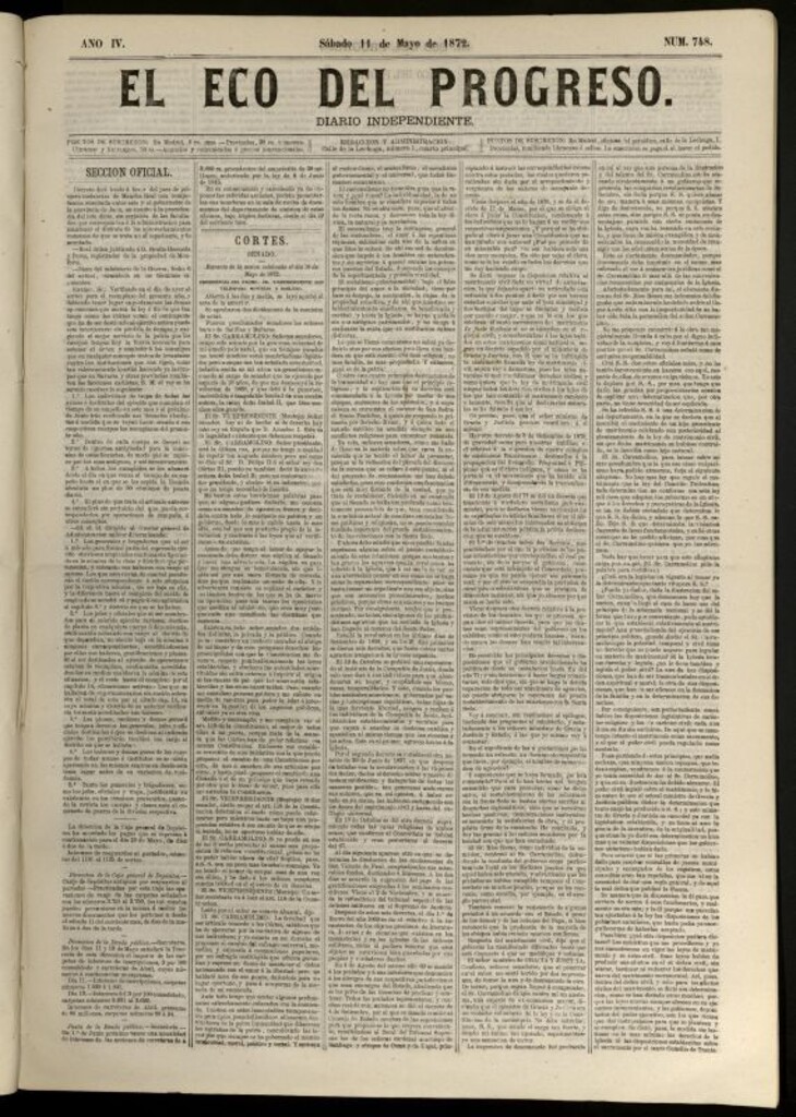 Miniatura de El Eco del Progreso : diario independiente. 11 de mayo de 1872, nº 748