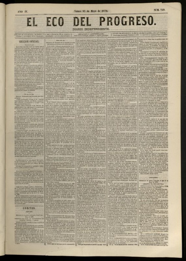 Miniatura de El Eco del Progreso : diario independiente. 13 de mayo de 1872, nº 749