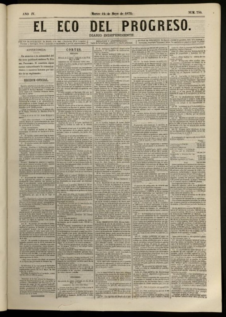 Miniatura de El Eco del Progreso : diario independiente. 14 de mayo de 1872, nº 750
