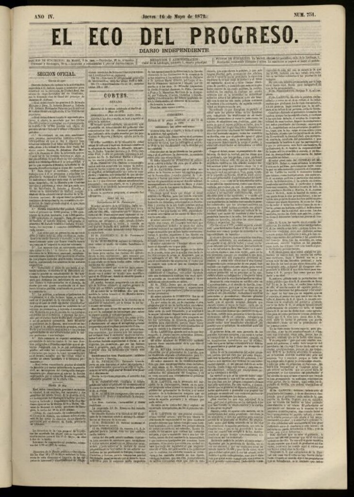 Miniatura de El Eco del Progreso : diario independiente. 16 de mayo de 1872, nº 751