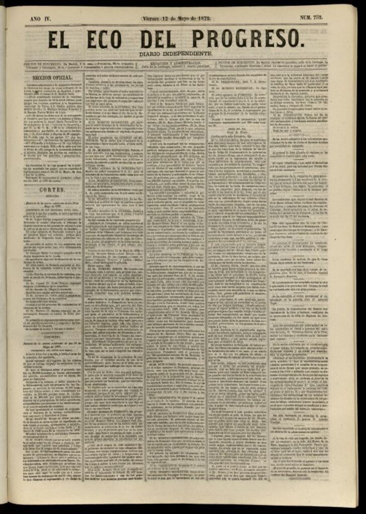 Miniatura de El Eco del Progreso : diario independiente. 17 de mayo de 1872, nº 752