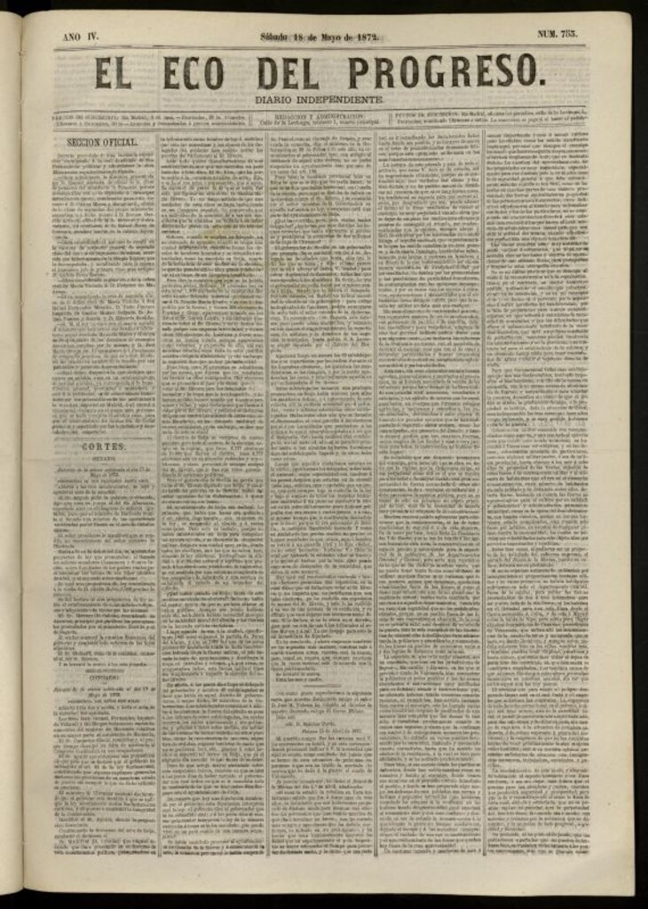 Miniatura de El Eco del Progreso : diario independiente. 18 de mayo de 1872, nº 753