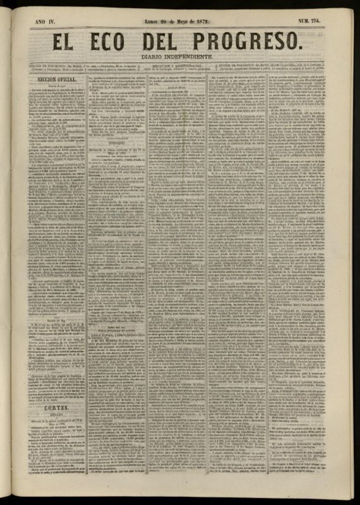 Miniatura de El Eco del Progreso : diario independiente. 20 de mayo de 1872, nº 754