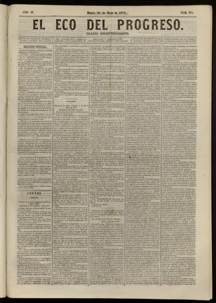 Miniatura de El Eco del Progreso : diario independiente. 21 de mayo de 1872, nº 755