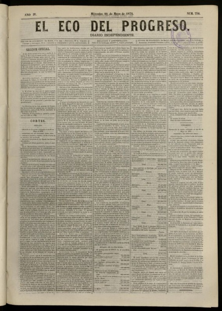 Miniatura de El Eco del Progreso : diario independiente. 22 de mayo de 1872, nº 756