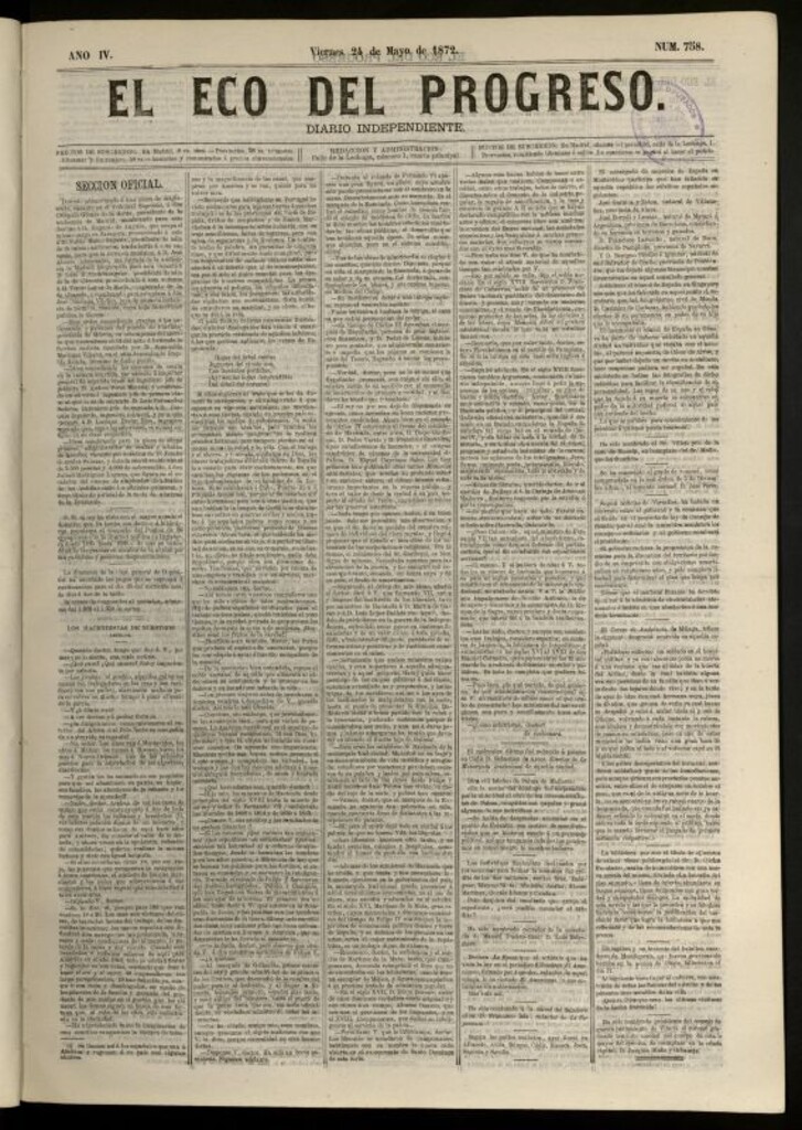 Miniatura de El Eco del Progreso : diario independiente. 24 de mayo de 1872, nº 758