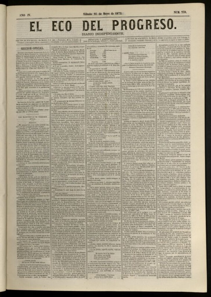 Miniatura de El Eco del Progreso : diario independiente. 25 de mayo de 1872, nº 759