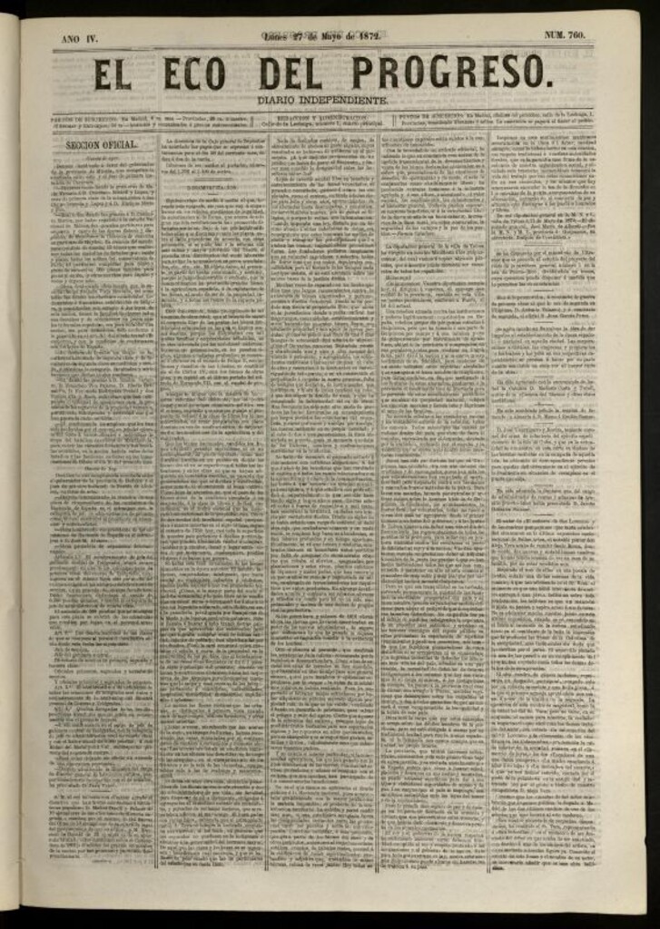 Miniatura de El Eco del Progreso : diario independiente. 27 de mayo de 1872, nº 760