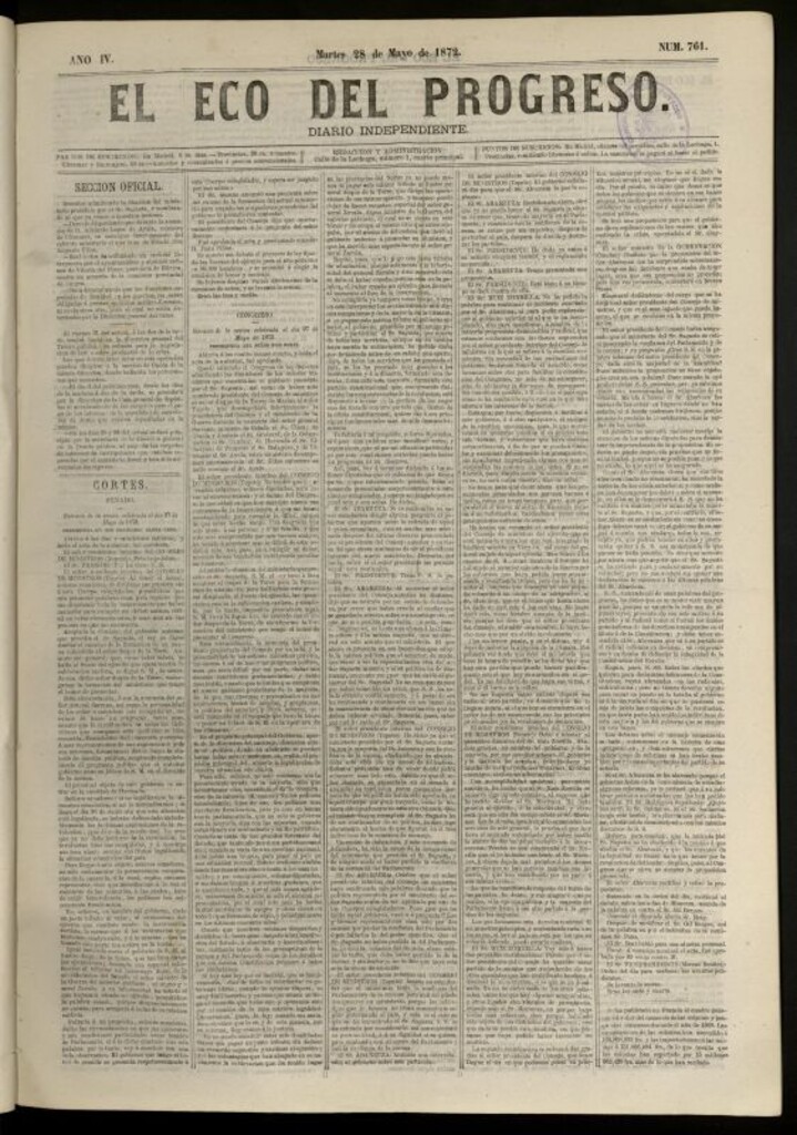 Miniatura de El Eco del Progreso : diario independiente. 28 de mayo de 1872, nº 761