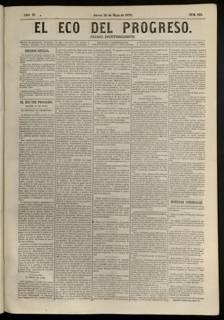 Miniatura de El Eco del Progreso : diario independiente. 30 de mayo de 1872, nº 763
