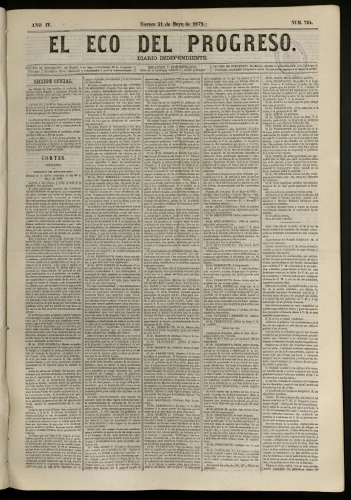 Miniatura de El Eco del Progreso : diario independiente. 31 de mayo de 1872, nº 764