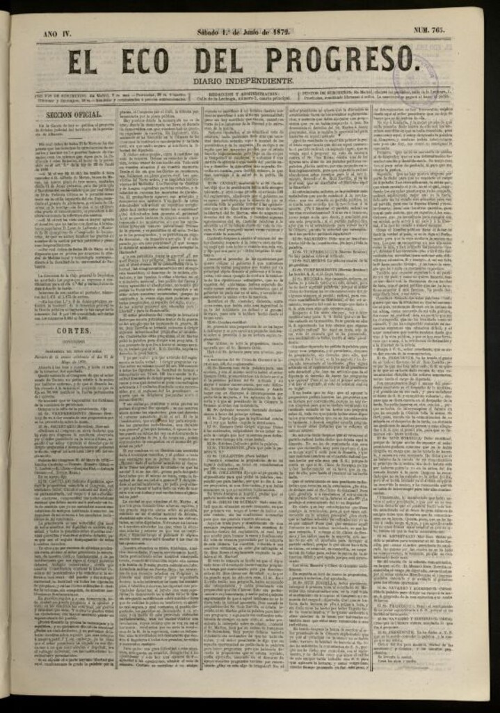 Miniatura de El Eco del Progreso : diario independiente. 1 de junio de 1872, nº 765