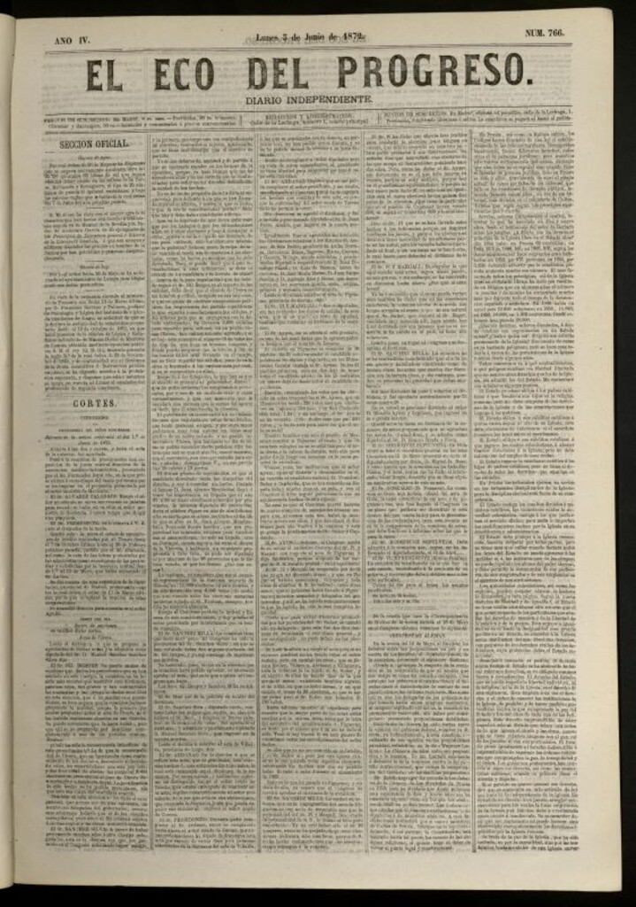 Miniatura de El Eco del Progreso : diario independiente. 3 de junio de 1872, nº 766