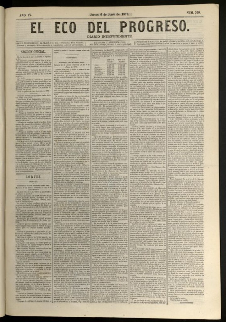 Miniatura de El Eco del Progreso : diario independiente. 6 de junio de 1872, nº 769