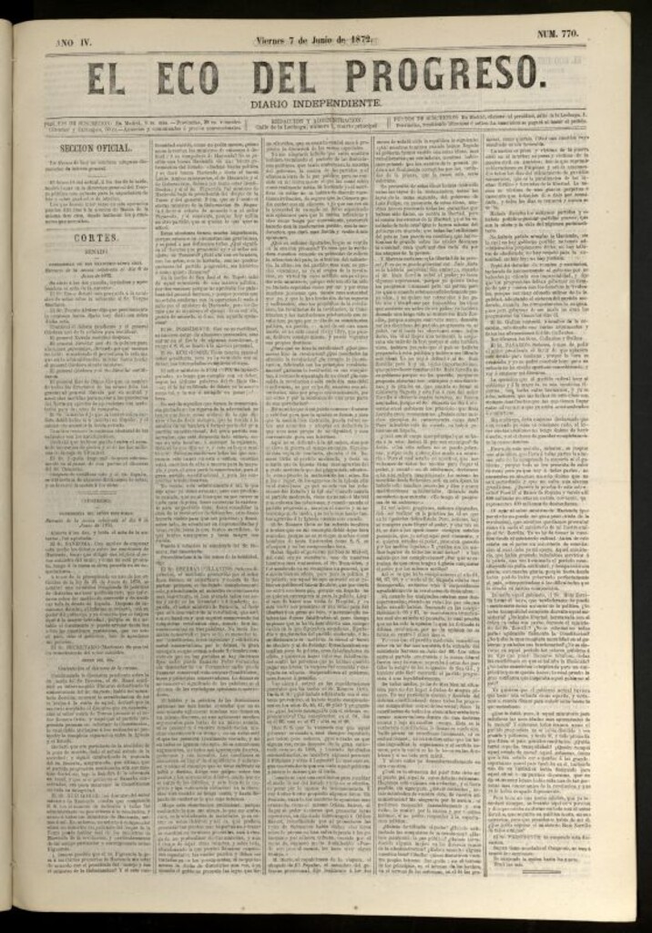 Miniatura de El Eco del Progreso : diario independiente. 7 de junio de 1872, nº 770