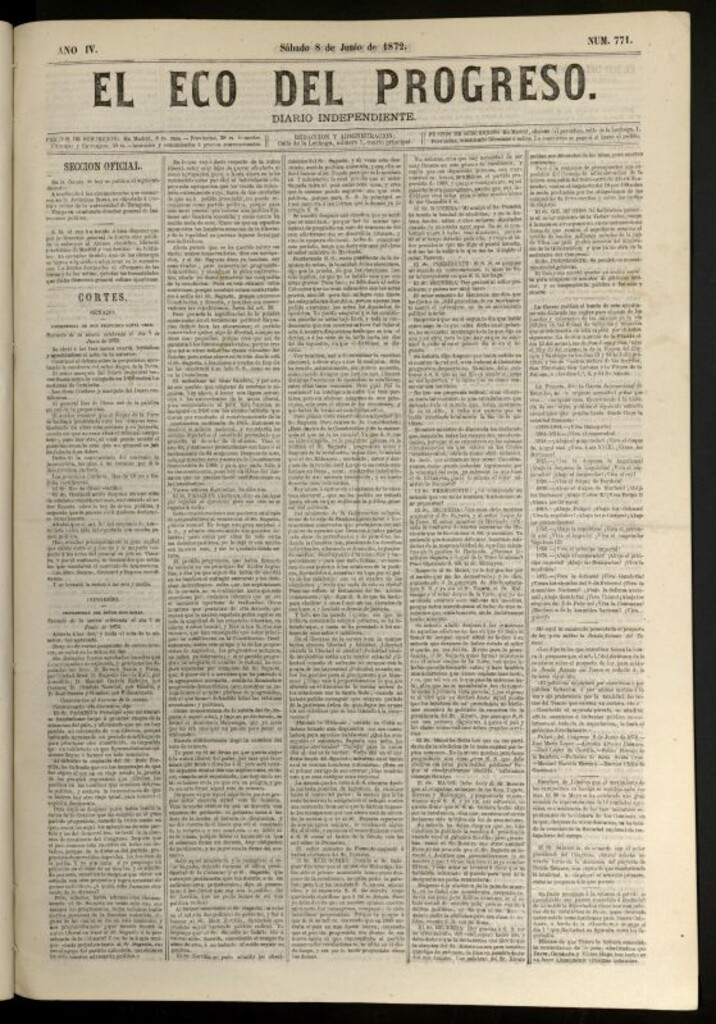 Miniatura de El Eco del Progreso : diario independiente. 8 de junio de 1872, nº 771