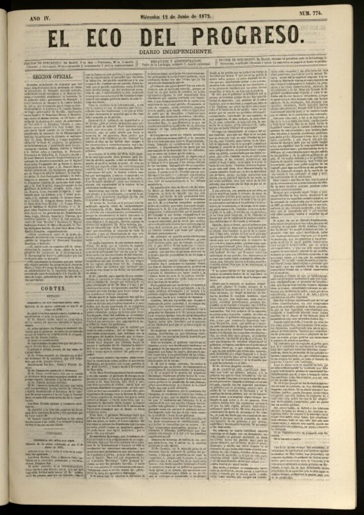 Miniatura de El Eco del Progreso : diario independiente. 12 de junio de 1872, nº 774
