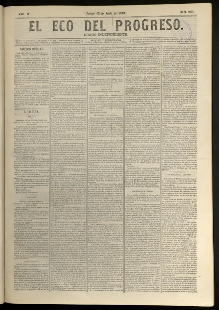 Miniatura de El Eco del Progreso : diario independiente. 13 de junio de 1872, nº 775