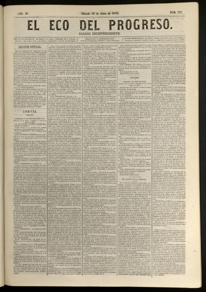 Miniatura de El Eco del Progreso : diario independiente. 15 de junio de 1872, nº 777
