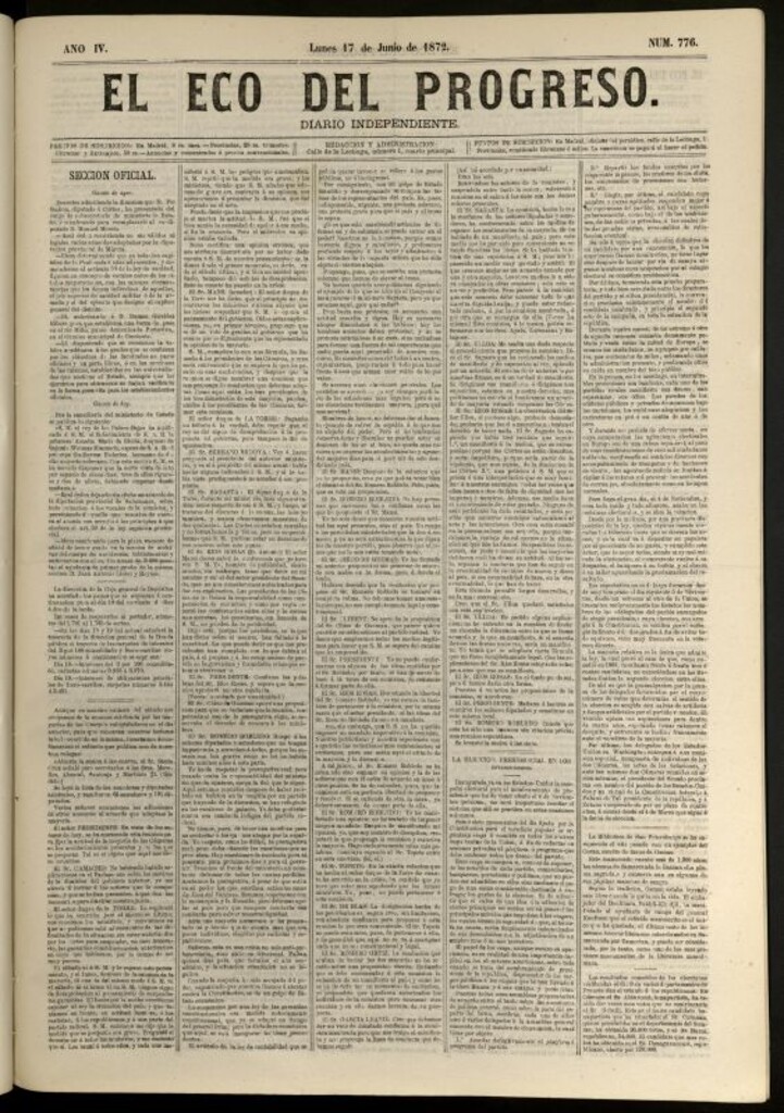 Miniatura de El Eco del Progreso : diario independiente. 17 de junio de 1872, nº 776