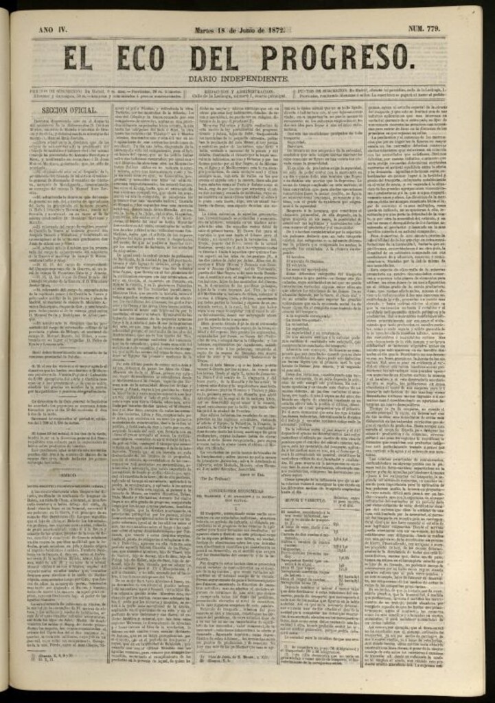Miniatura de El Eco del Progreso : diario independiente. 18 de junio de 1872, nº 779