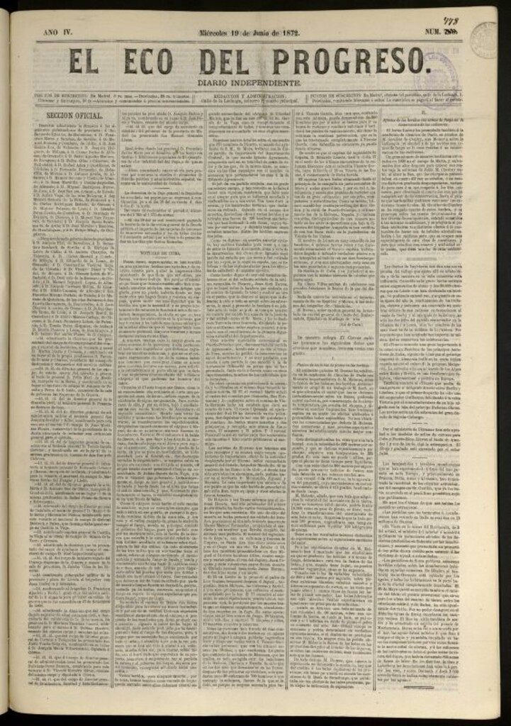 Miniatura de El Eco del Progreso : diario independiente. 19 de junio de 1872, nº 778