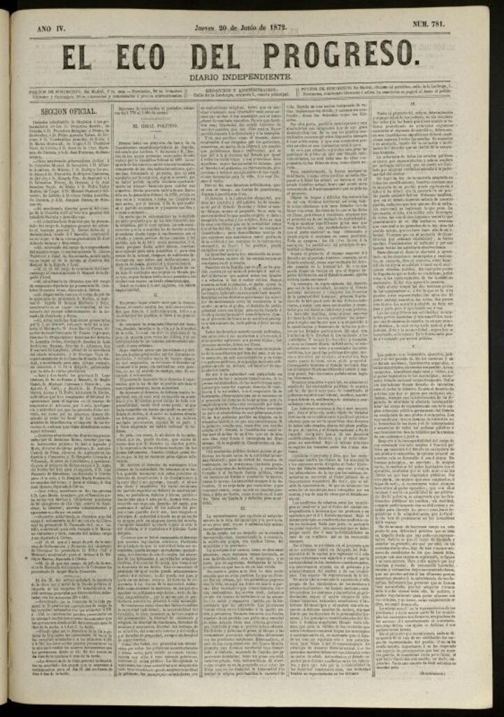 Miniatura de El Eco del Progreso : diario independiente. 20 de junio de 1872, nº 781