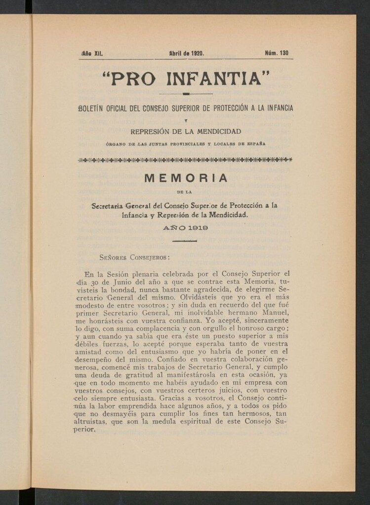 Miniatura de Pro Infantia : boletín del Consejo Superior de Protección a la Infancia y Represión de la Mendicidad. Nº 130