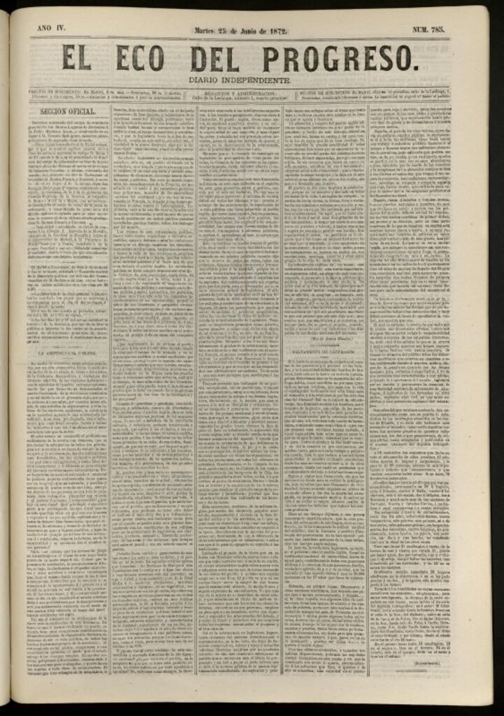 Miniatura de El Eco del Progreso : diario independiente. 25 de junio de 1872, nº 785