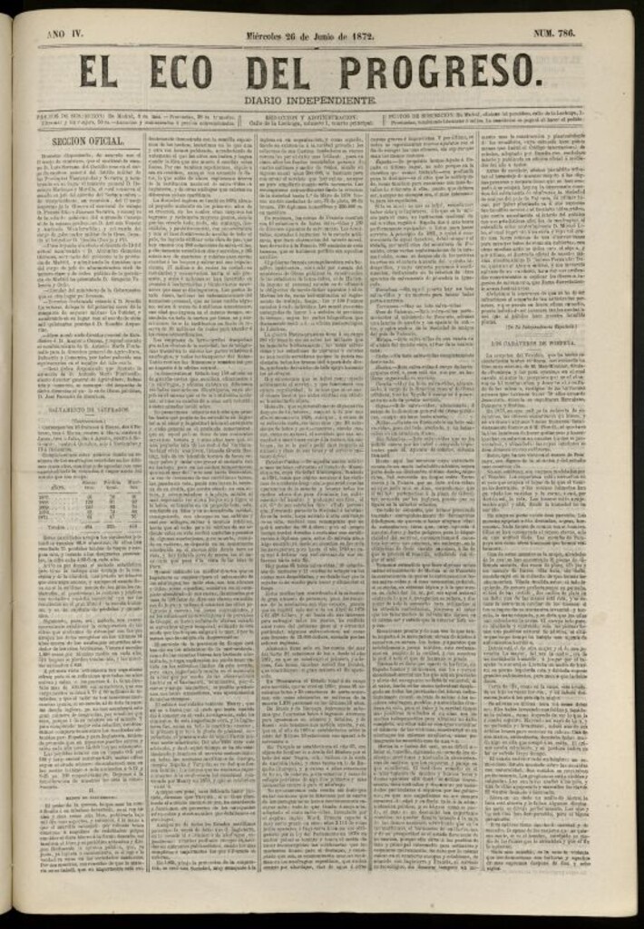 Miniatura de El Eco del Progreso : diario independiente. 26 de junio de 1872, nº 786