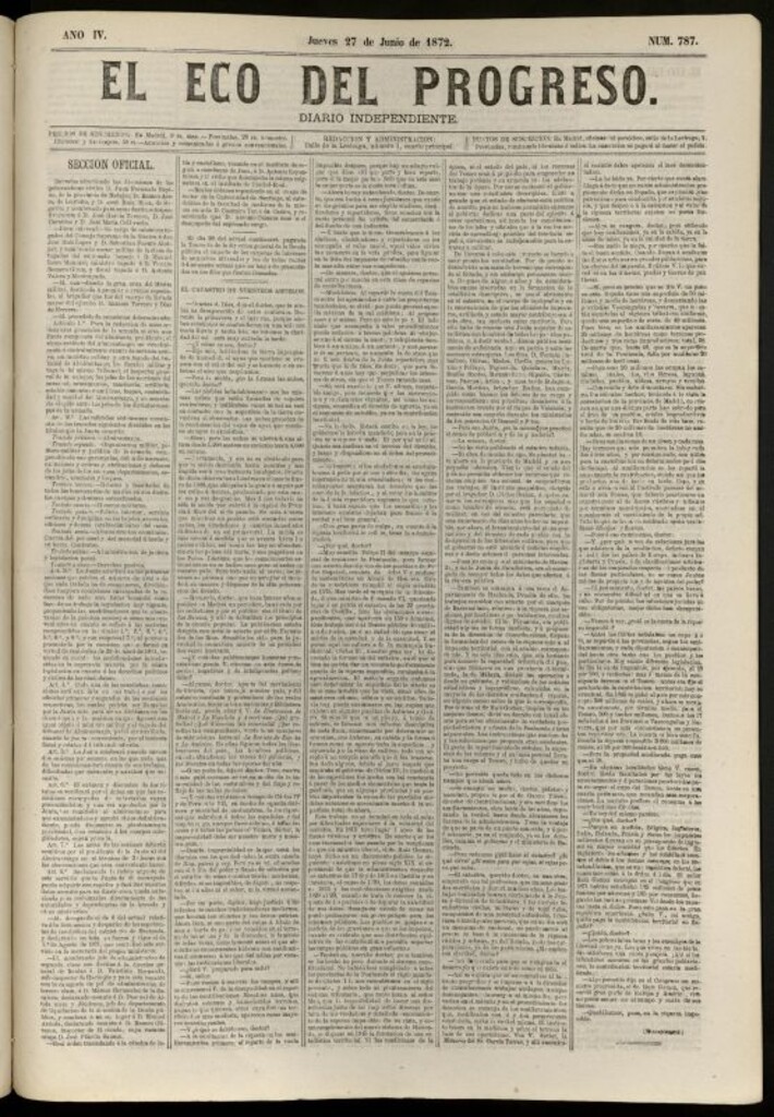 Miniatura de El Eco del Progreso : diario independiente. 27 de junio de 1872, nº 787