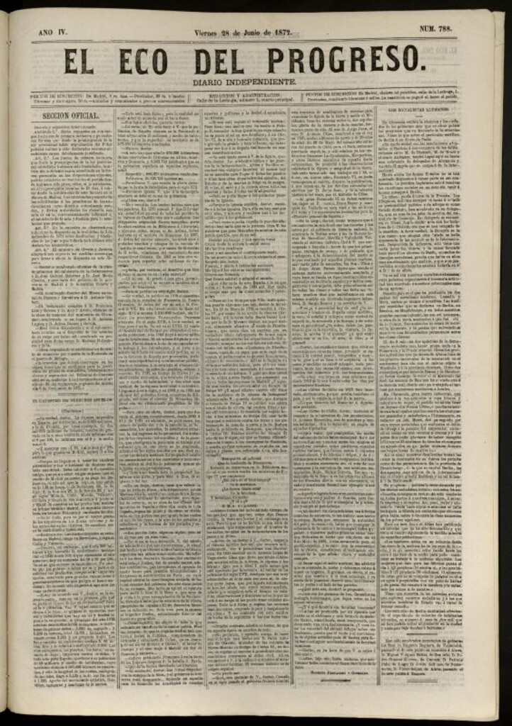 Miniatura de El Eco del Progreso : diario independiente. 28 de junio de 1872, nº 788