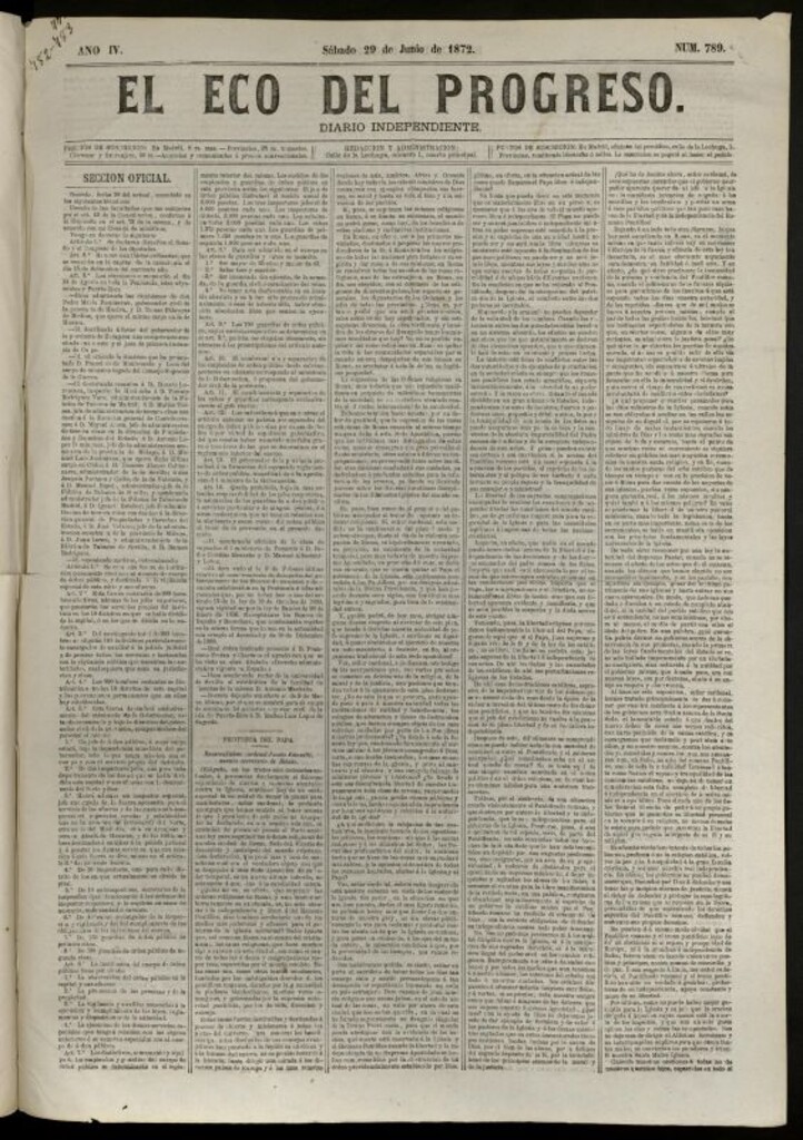Miniatura de El Eco del Progreso : diario independiente. 29 de junio de 1872, nº 789