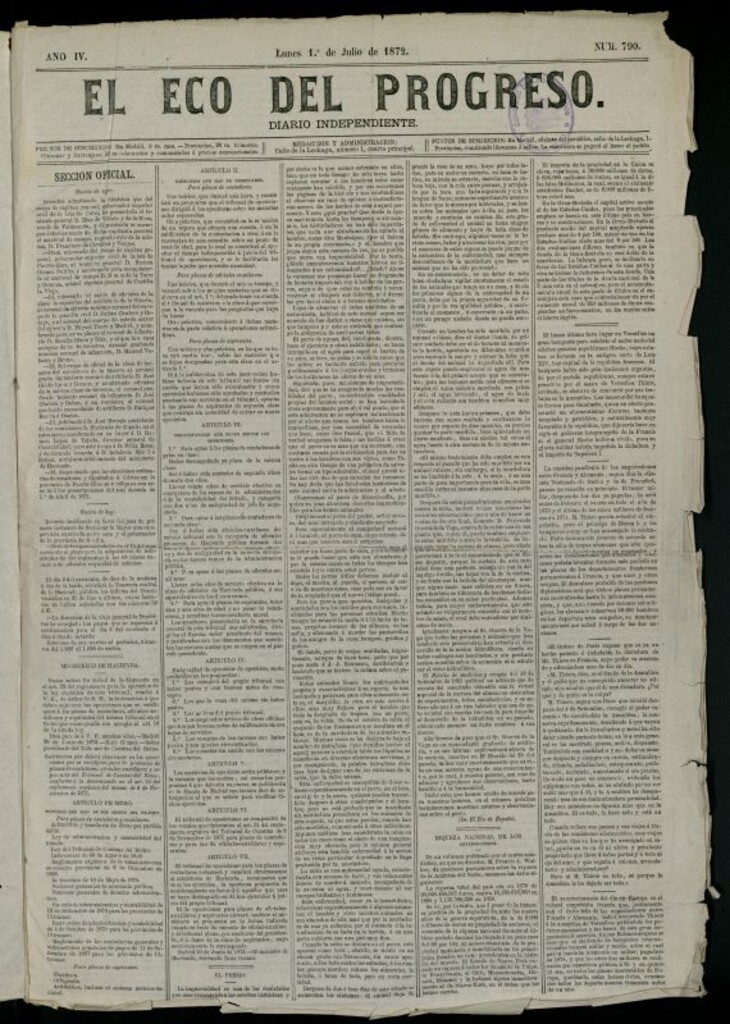 Miniatura de El Eco del Progreso : diario independiente. 1 de julio de 1872, nº 790