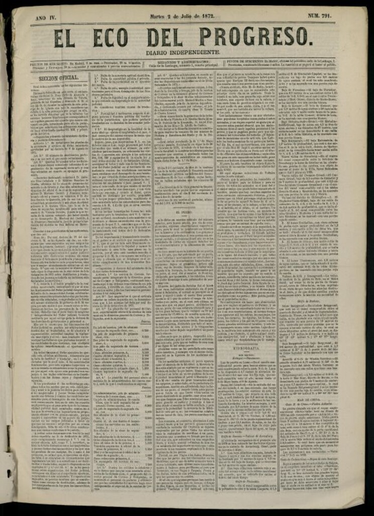 Miniatura de El Eco del Progreso : diario independiente. 2 de julio de 1872, nº 791