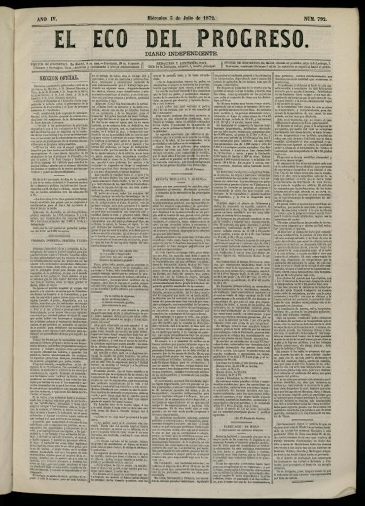Miniatura de El Eco del Progreso : diario independiente. 3 de julio de 1872, nº 792