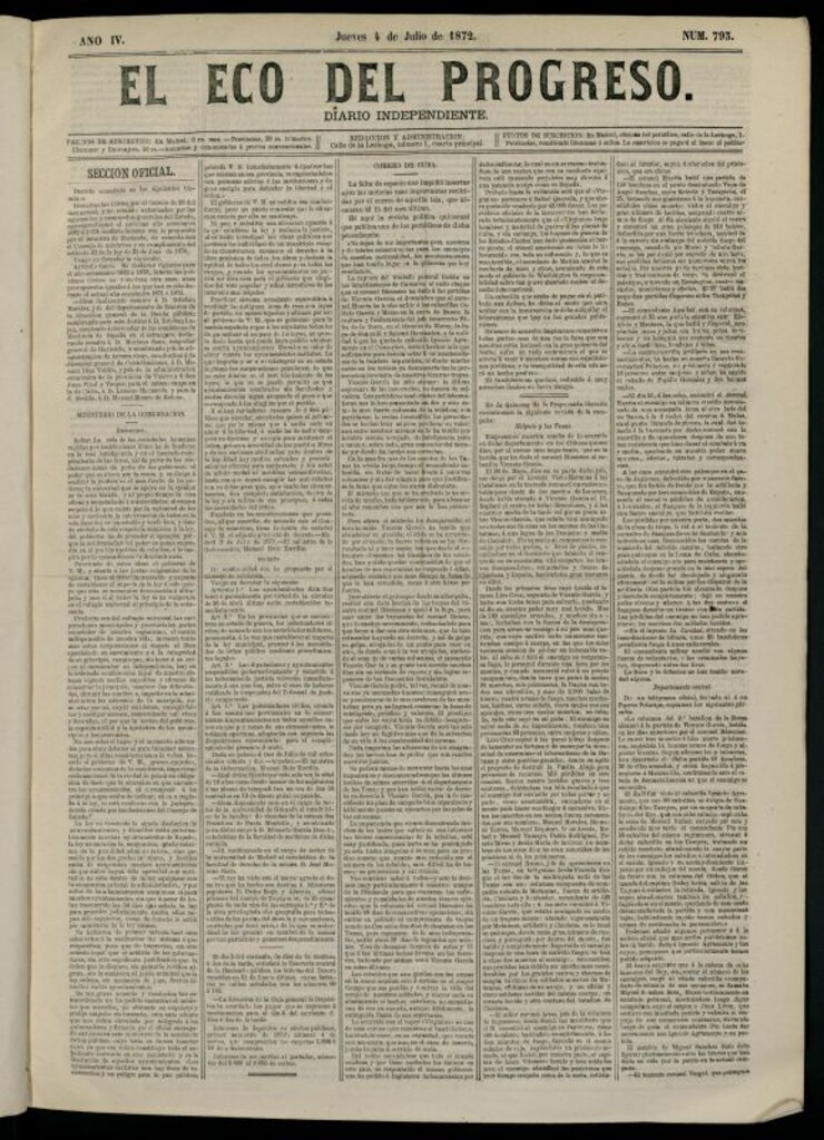 Miniatura de El Eco del Progreso : diario independiente. 4 de julio de 1872, nº 793