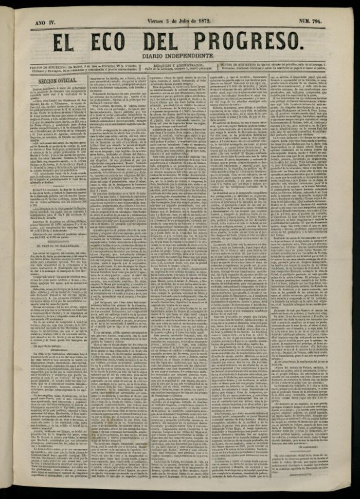 Miniatura de El Eco del Progreso : diario independiente. 5 de julio de 1872, nº 794